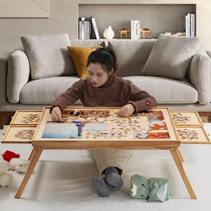 TEAKMAMA 1500Pcs Jigsaw Puzzle Table with 4 Drawers for Adults,Natural | Wooden Jigsaw Foldable Puzzle Board with legs,with Protective Cover,Multifunctional Game Table,34W x 26.3D