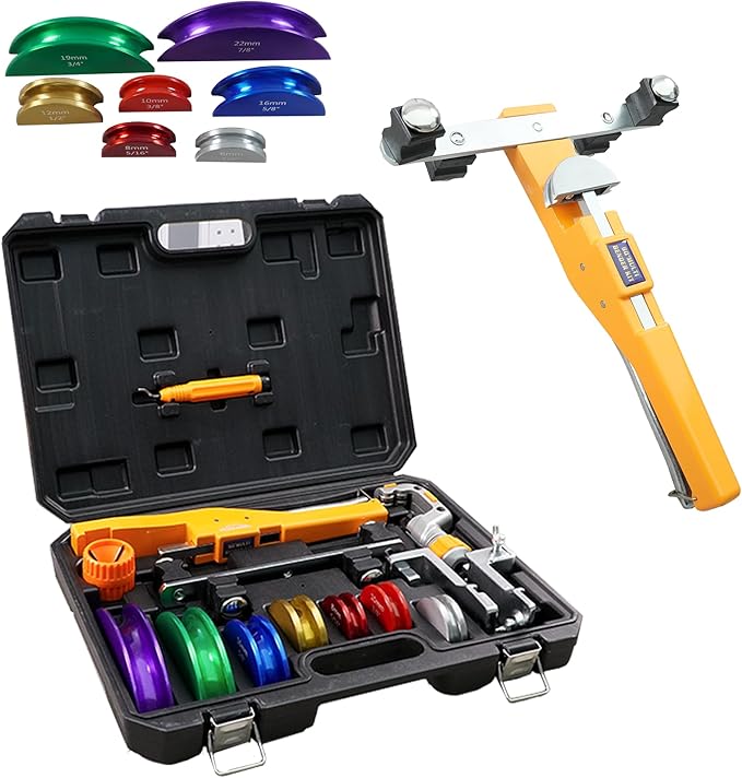 Ratcheting Pipe Tube Bender Set 1/4" to 7/8" O.D., 90° Forward & Reverse Bending Tool W/ 7 Color-Coded Aluminum Heads, Pipe Cutter & Deburring Tool for HVAC, Refrigeration & Plumbing