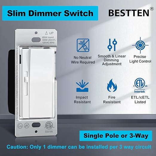 BESTTEN 12 Pack Super Slim Slide Dimmer Light Switch, Single Pole or 3 Way Dimmer Switches, Compatible with LED Dimmable Lamp, CFL, Incandescent, Halogen Bulb, ETL Listed, White