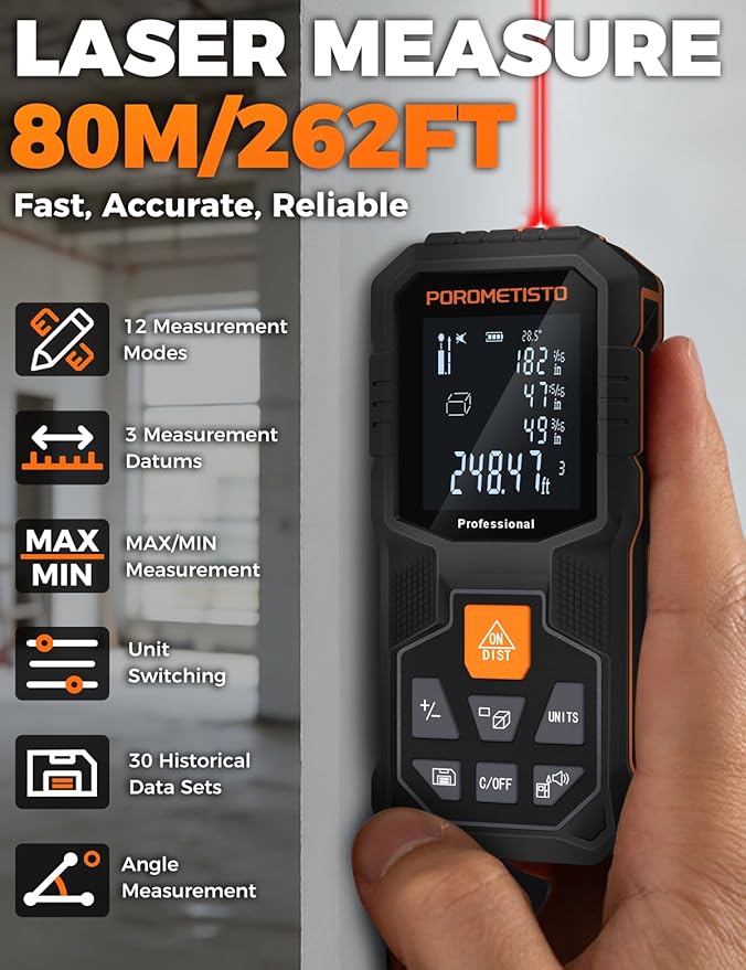 Laser Distance Meter POROMETISTO 164ft/50m, Digital Angle Finder, 12 Modes for Angle Area Volume Pythagorean Distance, ±2mm High Accuracy, Tripod Interface Design Handheld Digital Rangefinder