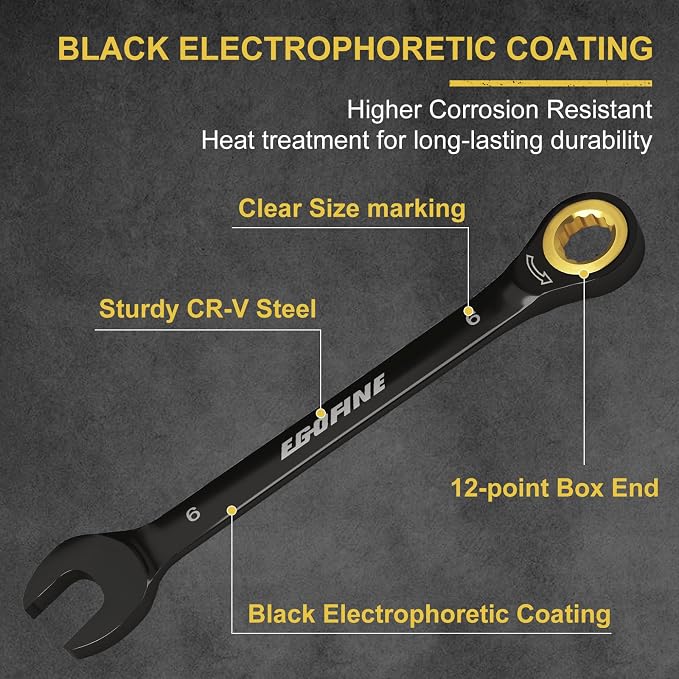Egofine 6mm Ratchet Wrench, 6mm Wrench Ratcheting Combination Wrenches Metric, Industrial Grade Gear Spanner with 12 Point Box End, 72-Teeth Ratchet Black Electrophoretic Coating,CR-V
