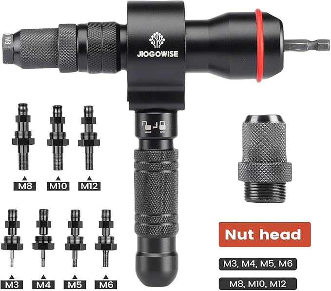 2-in-1 Design Cordless Rivet Gun Adapter and Rivet Nut Adapter,Electric Drill Tools Accessory Kit with Carry Case,7 Metric Mandrels M3 to M12, 6 Rivet Heads 2.4mm to 6.4mm
