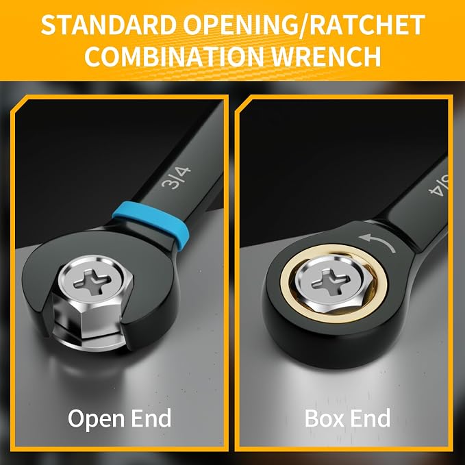 GRENPRO 9PC SAE Ratcheting Wrench Set 5/16"-3/4" Long Combination Open End | Includes Bolt Gauge, Electro-Coated CR-V Steel, 72-Tooth 5Deg Swing 12Pt Color Rings, Roll Pouch For Auto & Home Repair