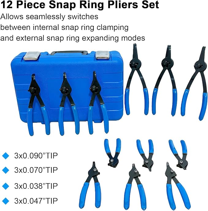 12-Piece Internal & External Convertible Snap Ring Pliers Set
