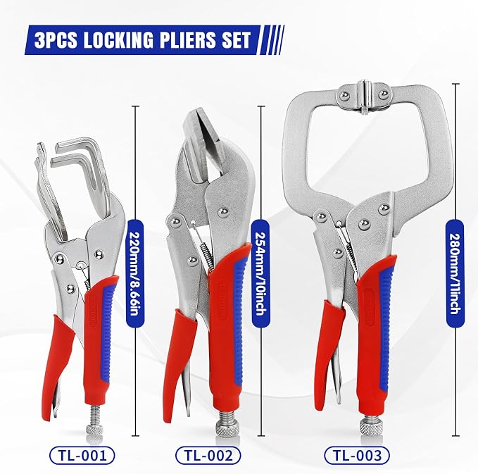 Locking Pliers Set 3-Pack, Welding Clamps Set with 11" C-Clamp, 10" Duckbill & U-Shape Jaws for Sheet Metal Bending, Auto Repair, Fabrication