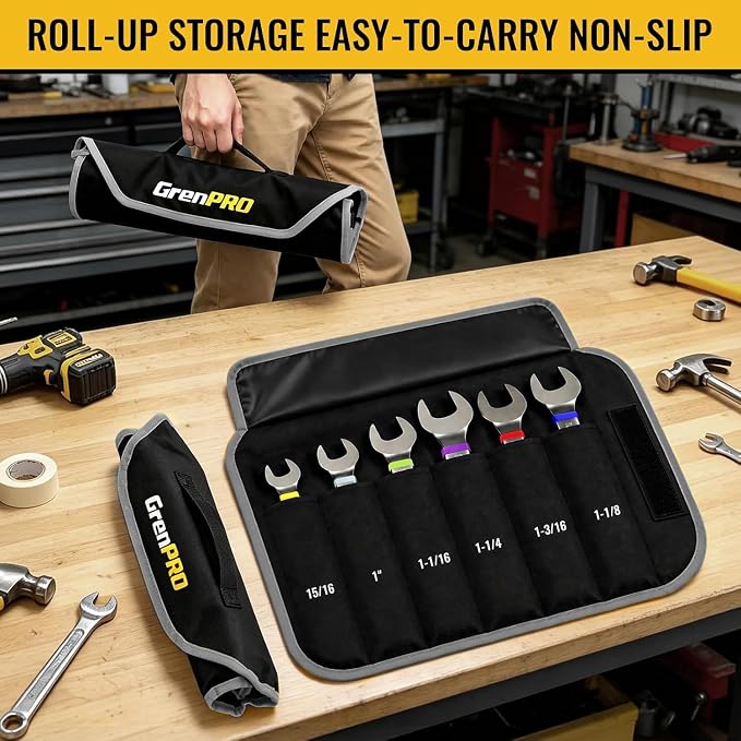 GRENPRO 15/16"-1-1/4" Large SAE Wrench Set, Combination Open End Tool Sets | Long Wrench Tool Set, 15-Degree Offset, 12-Point Box-End & Roll-Up Pouch With Gauge, Nickel Plated CR-V, Convenient Storage