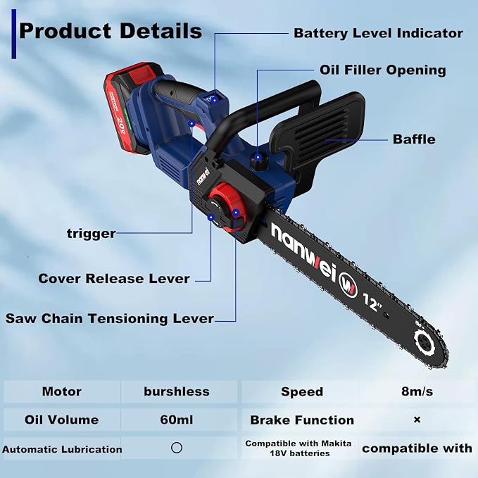 NANWEI 12 Inch Chainsaw Cordless, 20V Brushless Motor, 2x4.0Ah Batteries and Charger, Auto Oiling, Tool-Less Adjustment, Lightweight Electric Chainsaw for Tree Pruning, Branch Cutting, Extra Chain