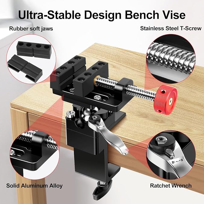 ArtyMaster 360° Rotating Mini Bench Vise with Quick-Release Ratchet Wrench, 2.48" General-Purpose Table Vise for Woodworking, Metalworking, Modeling, Mini Vice Clamp for Small Projects WT104C