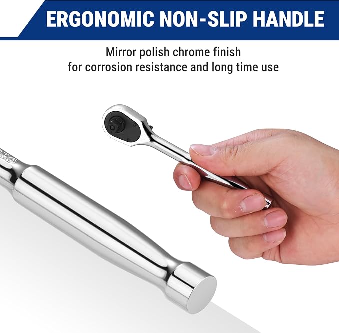 WORKPRO 1/4-Inch Drive Low-Profile Ratchet, 90-Tooth Ratchet Wrench | Quick-Release Socket Wrench for Men Women, Reversible, 4° Swing, CR-MO Compact Drive Head, Full Polished