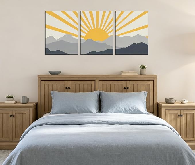 Frimeeme Modern Boho Sun Canvas Wall Art, Set of 3, Yellow and Gray Mountain Sunrise, 12x16 Inch Each, Framed