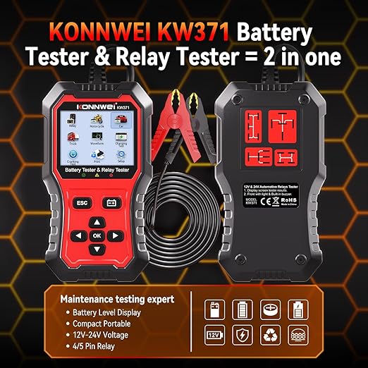 KONNWEI KW371 2-in-1 Car Battery Tester Relay Tester, 6V 12V 24V 10-2000 CCA Automotive Diagnostic Tool for Lead Acid AGM Gel EFB Lithium, Charging Cranking Analyzer for Motorcycle Truck Boat