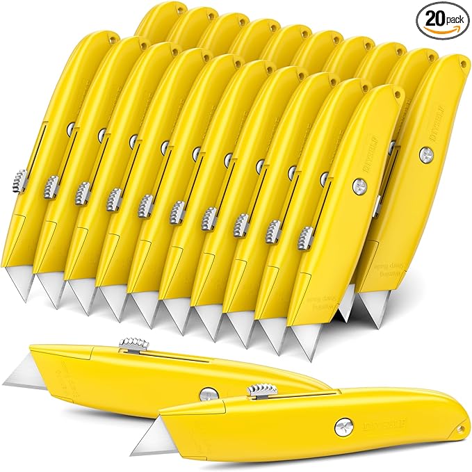 DIYSELF Utility Knife, 20 Pack Heavy Duty Box Cutter Retractable, Box Cutter Knife, Box Opener, Cardboard Cutter, Utility Knives for Garage, Home and Office, PVC Pipe Cutter (Yellow)
