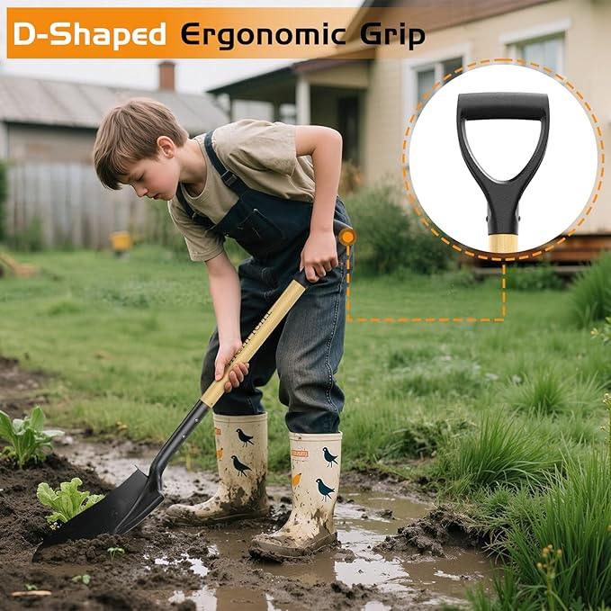 Heavy Duty Garden Shovel for Digging, 41 Inch Round Point with D-Handle, Cold Rolled Steel Blade- for Edging, Trenching, Transplanting, Snow Removal - Wood Handle for Camping, Beach, Car Emergency