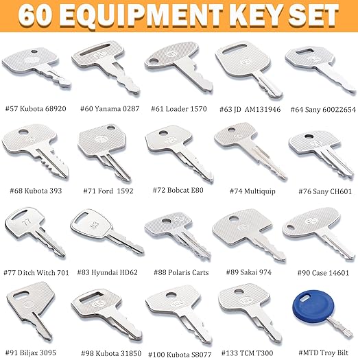 60 Construction Equipment Machinery Operator Key Set, Heavy Equipment Master Keys Set for CAT Catrepillar John Deere JCB Hyster Komatsu Kubota Takeuchi Volvo Yanmar Hitachi