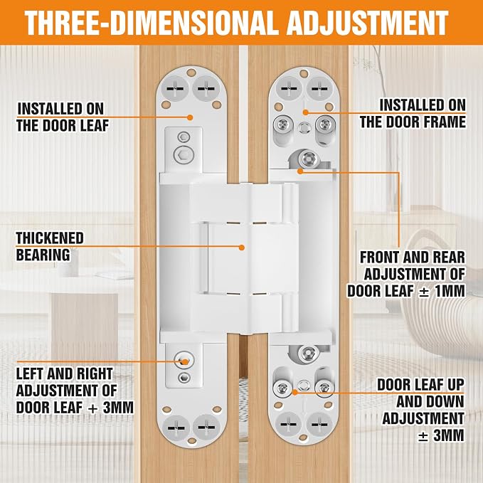 6" Hidden Door Hinge/Concealed Hinges,Invisible Hinges,Invisible Door Silent 180 Degree Swing Hinge 3-Way Adjustable Butt 6 x 2.5 x 1inch (White, 6 inches)