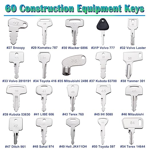 60 Heavy Equipment Keys Master Set Consturction Ignition Keys for Kubota JCB Cat Yanmar Honda Ditch Witch Backhoes Excavators Forklifts Loaders Tractors Bullozers and Other Construction Equipments