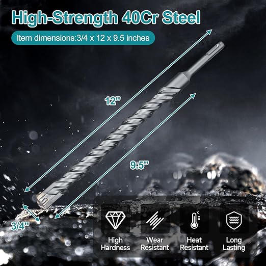 3/4 Inch x 12 Inch SDS Plus Rotary Hammer Drill Bit, Cross Tip Double Threaded Carbide Tipped for Concrete, Brick, and Stone (3/4" x 9.5" x 12")