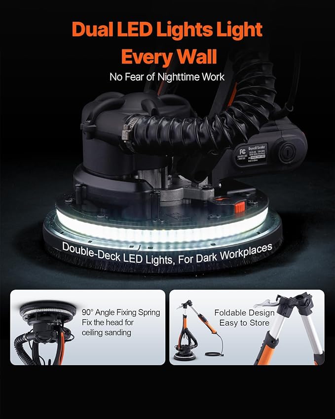 VEVOR Wall Smoother, 900W Electric Tool with 12 Sanding Discs, 800 to 1800 RPM Speed, 3 Vacuum Hoses, Collapsible for Ceiling Use, Dual LED Lights, Telescoping Handle, and Built-in Dust Collector