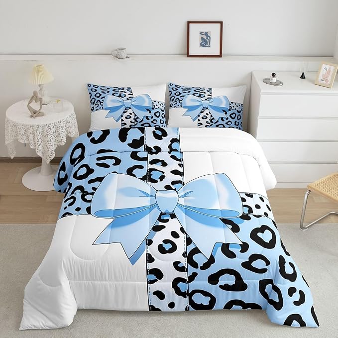 Feelyou Leopard Print Kids Comforter Set Full Size Blue Leopard Bow Bedding Set Animal Fur Duvet Quilt for Kids Boys Girls Bedroom Decor Microfiber Ultra Soft Breathable
