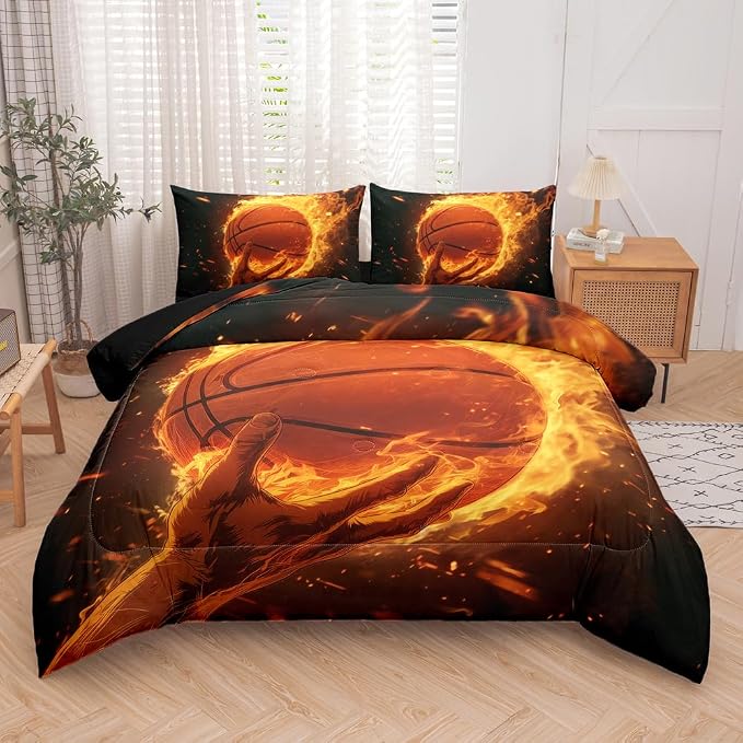 5 Pieces Basketball Comforter Full,Basketball with Fire Theme Sports Comforter Set Twin,Boys Bed Set with Sheets,Basketball Bedding Sets Full