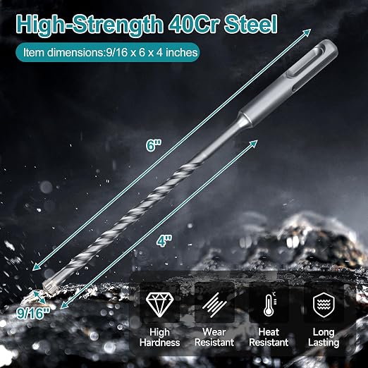9/16 Inch x 6 Inch SDS Plus Rotary Hammer Drill Bit, Cross Tip Double Threaded Carbide Tipped for Concrete, Brick, and Stone (9/16" x 4" x 6")