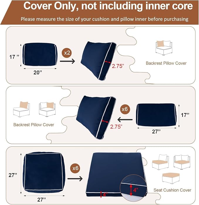 14 Piece Outdoor Patio Cushion Covers Replacement, Waterproof Outdoor Furniture Cushion Covers, Fit 7 Pcs 6 Seater Wicker Rattan Conversation Sofa Set,Orange(Only Cover) 27x27