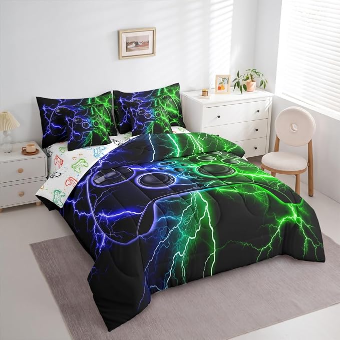 Erosebridal Gamer Full Size Bed Sheets and Comforter Set, Gaming 7 Piece Bedding Set Game Boy Games Bed in a Bag, Blue Green Lightning Room Decor,Kids Room Decor