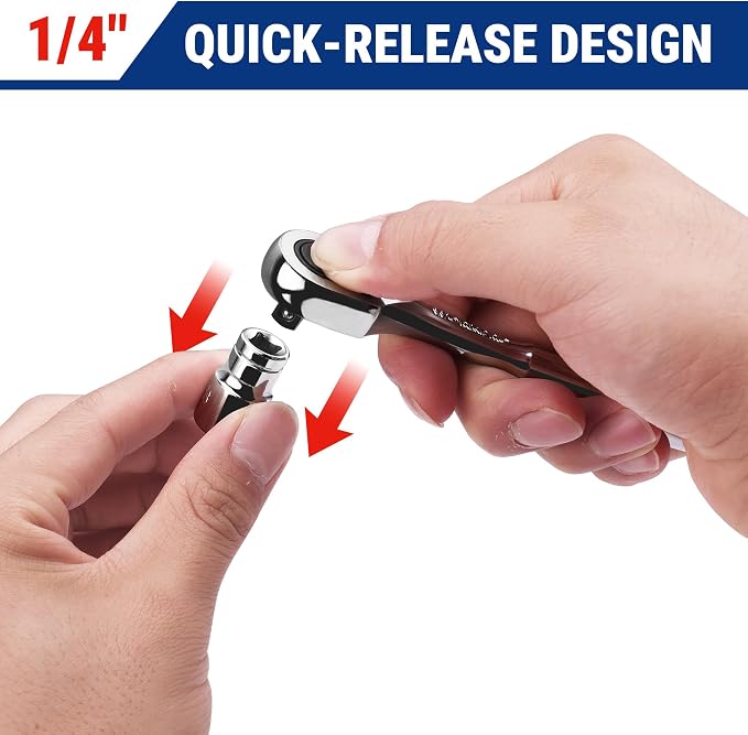 WORKPRO 1/4-Inch Drive Low-Profile Ratchet, 90-Tooth Ratchet Wrench | Quick-Release Socket Wrench for Men Women, Reversible, 4° Swing, CR-MO Compact Drive Head, Full Polished