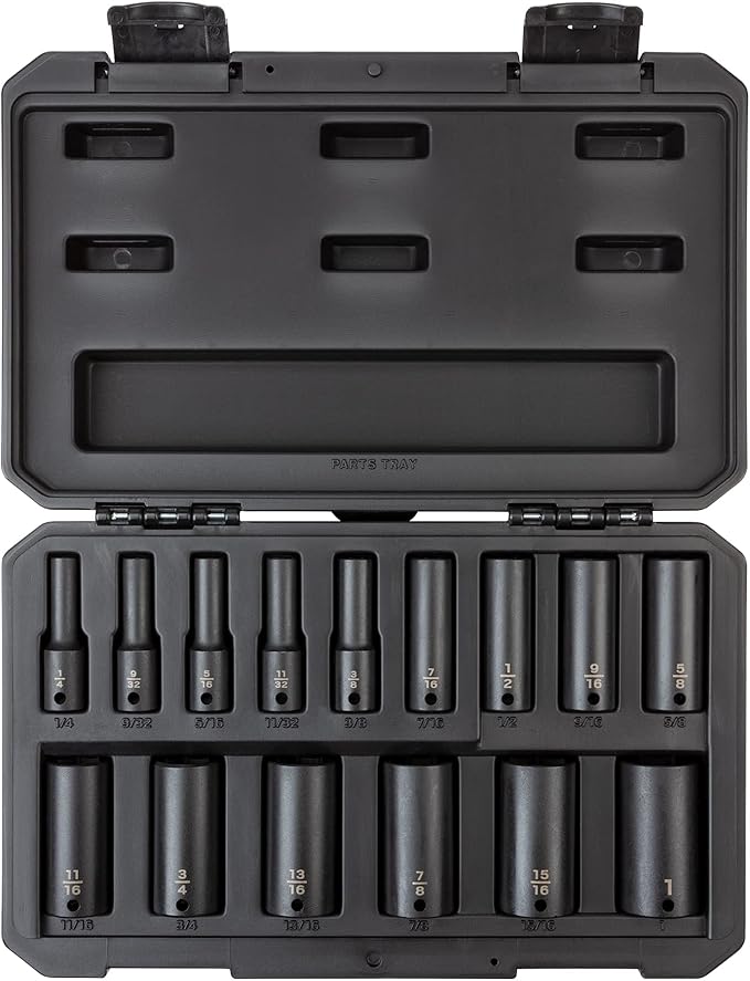 TEKTON 3/8 Inch Drive Deep 6-Point Impact Socket Set, 15-Piece (1/4-1 in.) - Case | SID91301 | (1/4 - 1 in.), Deep, 6-Point, Case