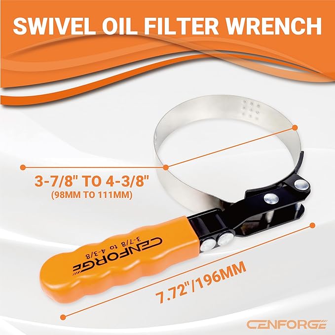 Anti-Slip Swivel Oil Filter Wrench, Oil Filter Removal Tool for Car Repairs, Extra Large Size Fits Filters 3-7/8" to 4-3/8"