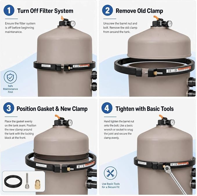 12-19/32" Pool Filter Tension Control Clamp Assembly, Heavy-Duty Spring Clamp Kit, Stainless Steel, Leak-Proof Seal, Quick Install for DE Pool Filters