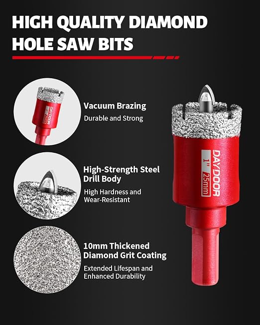 DAYDOOR 1" Diamond Hole Saw Bits with Pilot Drill Bit-2pcs 25mm Diamond Tile Hole Saw with Guiding Bit for Porcelain Tile Ceramic Pottery Granite Stone Glass Bottles(3/8" Triangle Shank)