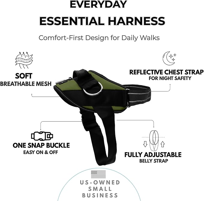 ShawnCo Essential Dog Harness, No-Pull Pet Vest (Olive Green,L) | 3 Leash Clips, Easy On, No-Choke, Reflective, Adjustable Fit, Padded Comfort, Control Handle, For Small, Medium & Large Dogs