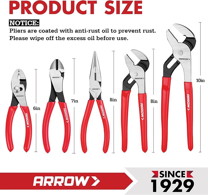 ARROW 5PCS Pliers Set, Portable Rolling Bag With Handle | 6" Slip Joint, 7" Diagonal, 8" Needle Nose Pliers, 8"&10" Groove Joint with Non-slip Handle, Premium Carbon Steel