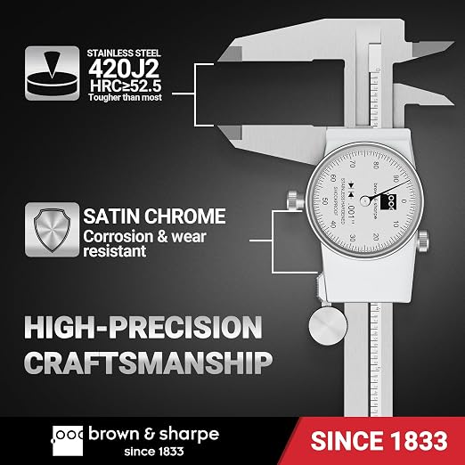 TESA Brown & Sharpe 599-579-8-1 Stainless Steel Dial Caliper, White Face, 0"-8" Range, +/-0.001" Accuracy, 0.001" Resolution, Meets DIN 862 Specifications