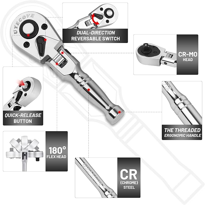1/4 3/8 Inch Drive Stubby Ratchet Set Flex Head Ratchet S4&4.9" | tubby Ratchet Wrench Set, 72 Tooth Quick Release Swivel Head Ratchet Flexible Socket Wrench with Storage Tray
