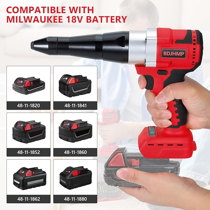 Cordless Rivet Gun Tool for Milwaukee M18 18V Battery(Only Tool), Brushless Electric Automatic Rivet Gun, for Rivets 1/8'', 5/32'', 3/16", for Metal, Plastic and Leather