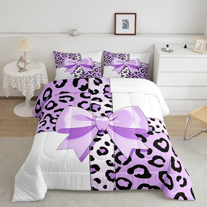 Feelyou Leopard Print Bedding Set Soft for Boys Girls, Purple Cheetah Bow Comforter Set King Size Animal Fur Duvet Quilt Microfiber Bedroom Decor 3 Pcs with 2 Pillow Cases