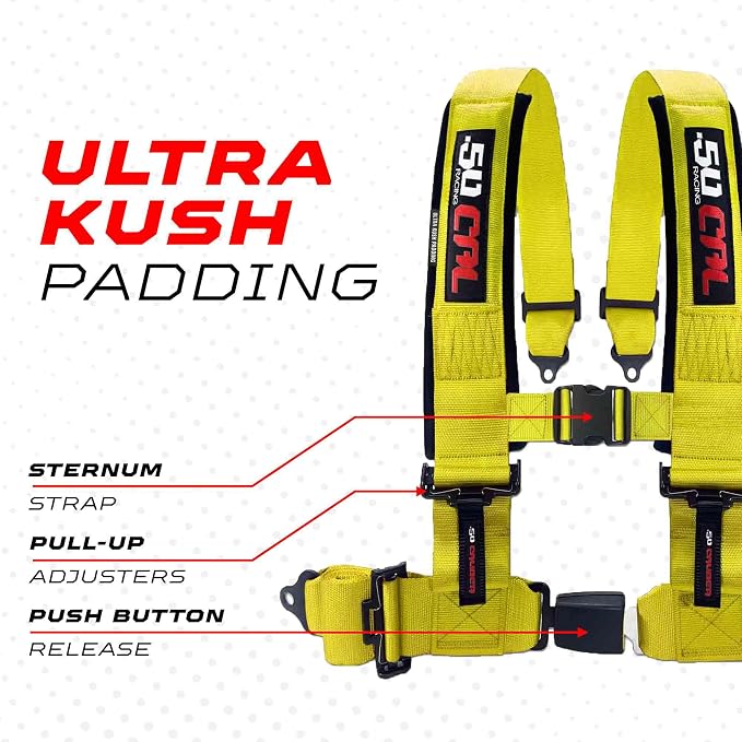 1pc 50 Cal Yellow 4 Point Harness 2in Straps, Racing Harness Seat Belt | Ultra Kush padding, Push Button quick release hardware. Universal Fit for UTV, RZR, race car.