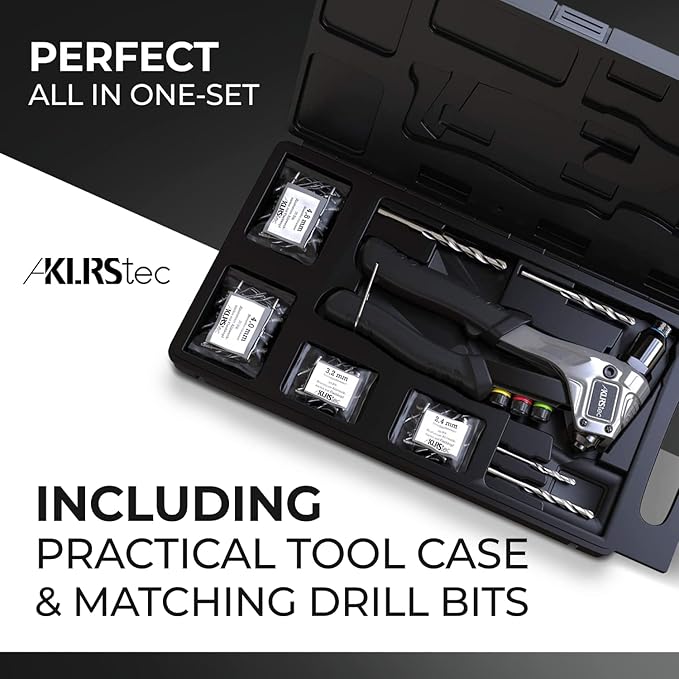 KLRStec Professional Rivet Gun Kit incl. 120 Pop Rivets and 4 HSS Drills - High quality Pop Rivet Tool Kit for processing Blind Rivets