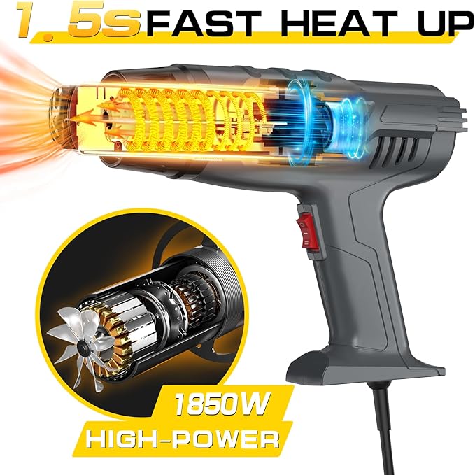 DIAFIELD 1850W Heat Gun, Dual Temperature Settings, Fast Heat Hot Air Gun, Durable& Overload Protection, with 4 Nozzles for Shrink Wrap, Vinyl, Crafts, Epoxy Resin