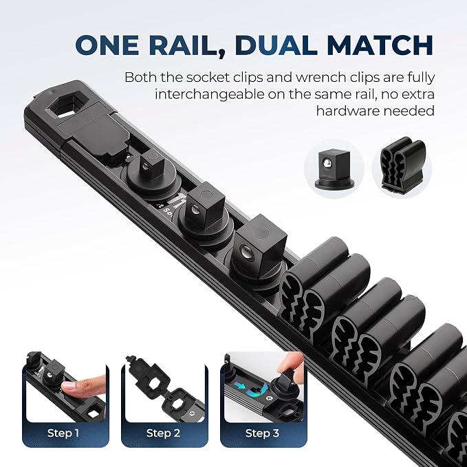 Reniteco 6-Piece Magnetic Socket Organizer and Screwdriver Organizer Set | 3-Piece 1/4", 3/8" & 1/2" Drive Socket Rails, 3-Piece Wrench Screwdriver Holder, Interchangeable Clips, Aluminum Alloy Rail