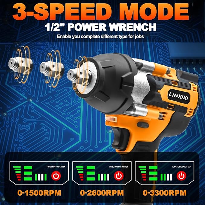 Cordless Impact Wrench 1000N.m (740Ft-Lbs) with 21V 2X4.0mAh Batteries | 1/2 Inch Impact Drive, Brushless Motor 0-3300PRM, 3-Mode Speed, 1/2" Impact Gun with 6 Socket for Home Car Pickup Truck RV