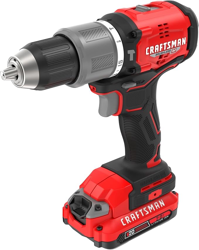 CRAFTSMAN V20 Cordless Hammer Drill Kit, 1/2 inch, 2 Batteries and Charger Included (CMCD732D2), Black