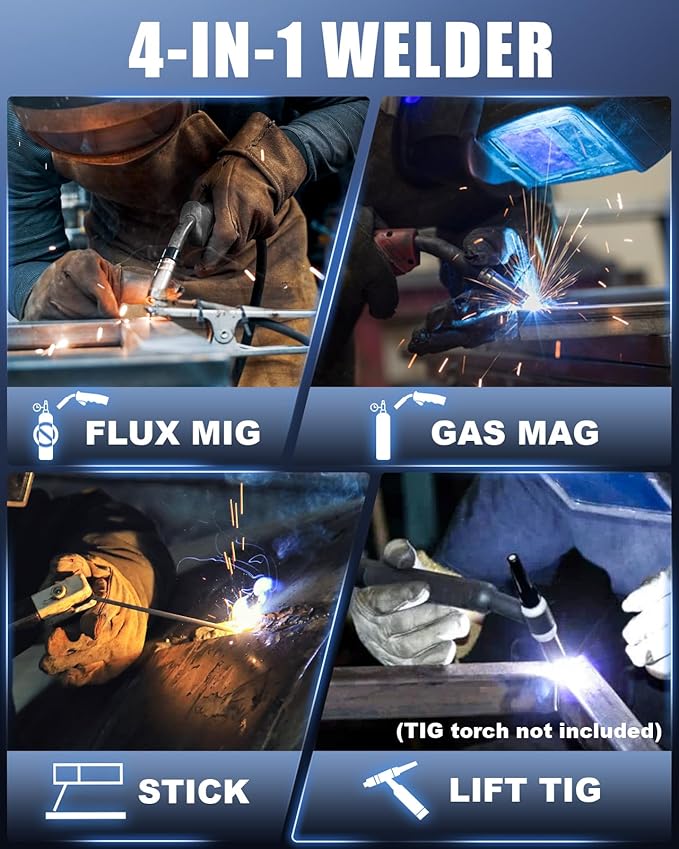 AZZUNO 145A MIG Welder with Welding Helmet, 110V/220V Dual Voltage 4 in 1 Gas/Gasless Flux Core MIG Welder/Lift TIG/Stick Welding Machine, Wire Feed Welder with Synergic Control