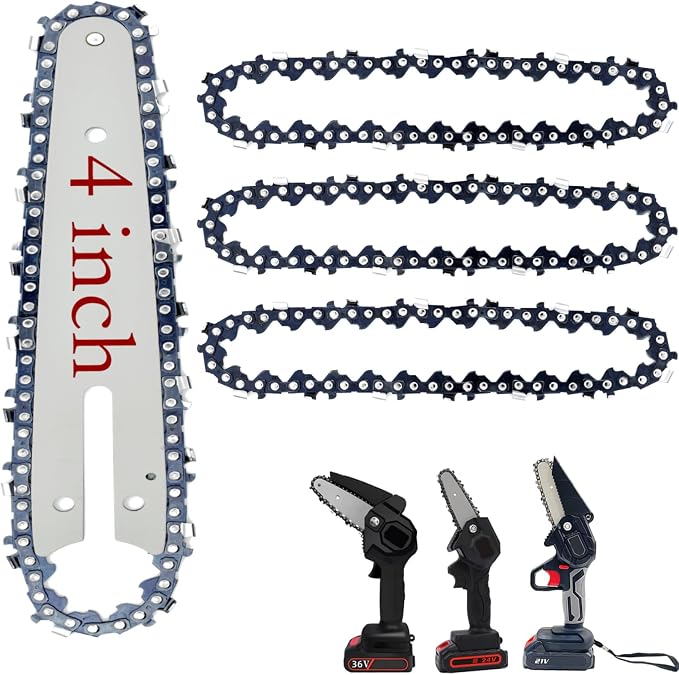 [4Chains+1Bar] 4 Inch Mini Chainsaw Chain with Replacement Saw Chain Bar, 4 Inch Replacement Chains for Portable Mini Chainsaw for Wood Branch Cutting 1/4LP Pitch .043" Gauge 28 Drive Links