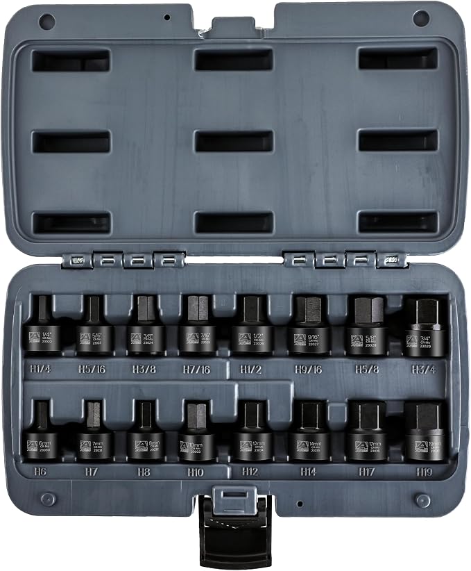 ARES 23021 16-Piece Stubby Impact SAE and Metric Hex Bit Socket Set | Chrome Moly Steel Construction and Manganese Phosphate Coating; Includes Storage Case