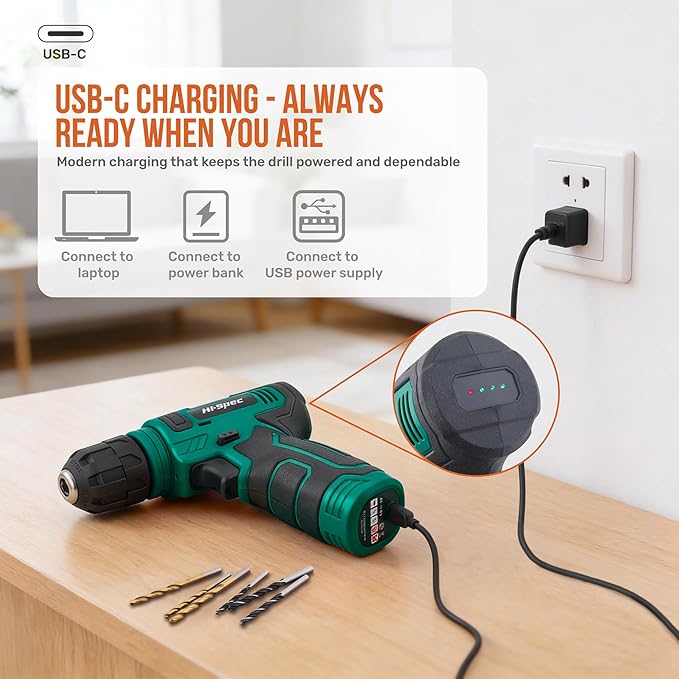 Hi-Spec 8V USB Power Drill Driver Screw Drill Bit Set. Cordless & Rechargeable Electric Drill Driver with Wall Hanging Kit,Green