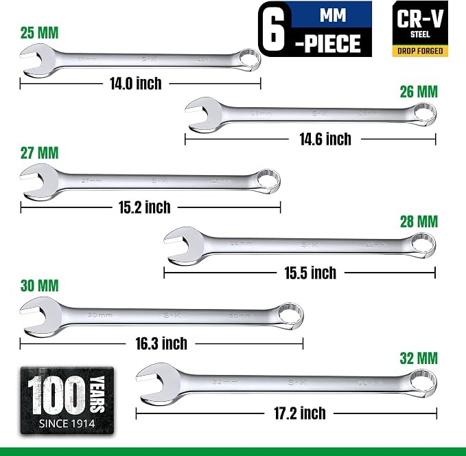 SK Long Pattern Combination Wrench Set, Metric 25 to 32mm, 6-Piece | SuperKrome Finish, Drop Forged Premium CR-V Steel, 12-Point Large Wrenches, 15-Degree Offset, with Rolling Pouch