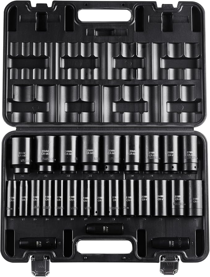 VEVOR Impact Socket Set, 26pcs x 1/2inch Metric 10mm-36mm Impact Sockets, 6-Point Deep Socket Rugged Construction High-torque, Cr-V 1/2 Inches Drive Socket Set Impact with a Storage Cage